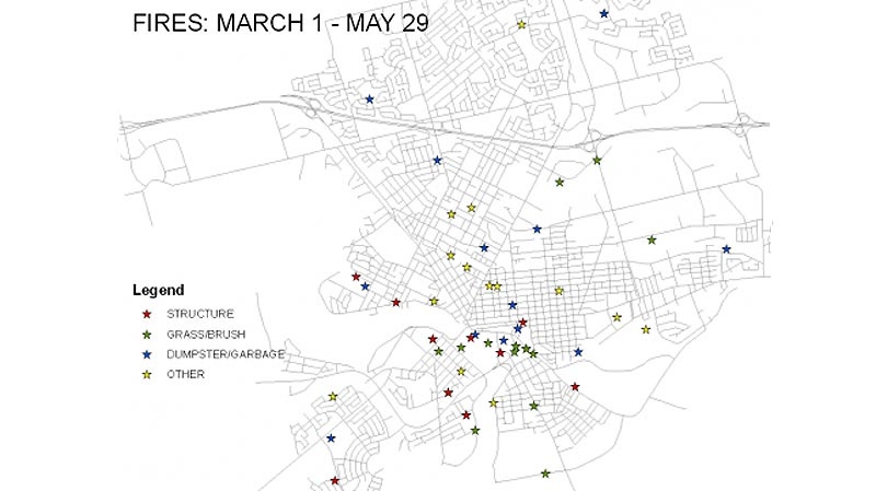 map shows the fires in Brantford, Ont. from March 1 to May 29 