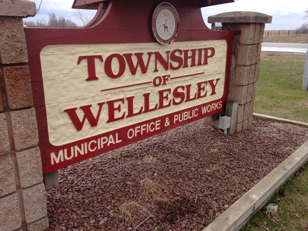 A sign is seen outside the Wellesley Township administrative building on Wednesday, April 22, 2015. (Frank Lynn / CTV Kitchener)