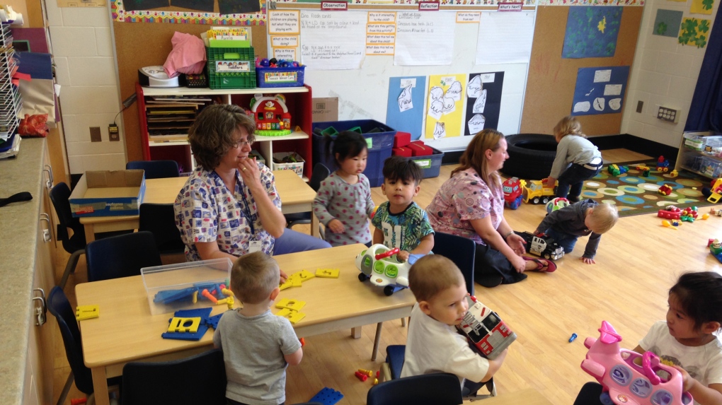 Children and workers are seen at a daycare centre. (Tyler Calver / CTV Kitchener)