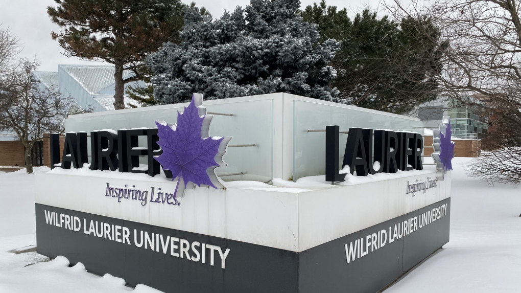 The Wilfrid Laurier University sign seen covered in snow on Jan. 26, 2021. (Terry Kelly / CTV Kitchener)