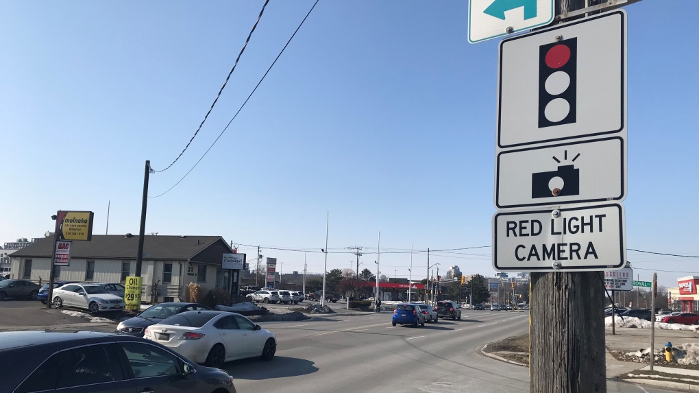 A sign warning motorists of a red light camera at Weber & Bridgeport in Waterloo. (Dan Lauckner / CTV News Kitchener)
