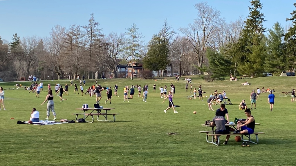 People gather in Waterloo Park on April 8, 2021 (Terry Kelly / CTV News Kitchener)