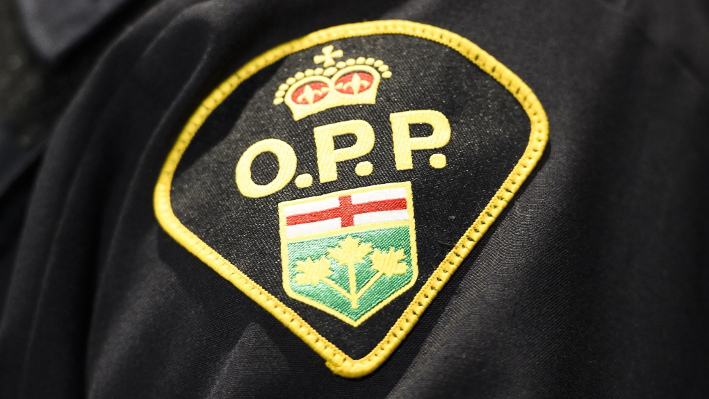 An Ontario Provincial Police logo is shown during a press conference in Barrie, Ont., on April 3, 2019. THE CANADIAN PRESS/Nathan Denette 