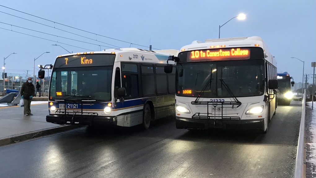 Grand River Transit buses at Fairview Park Mall in Kitchener. (Jan. 12, 2021)