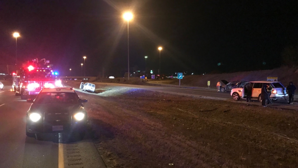 OPP respond to a three-vehicle crash on Highway 403 in Brantford. (Jan. 14, 2022)