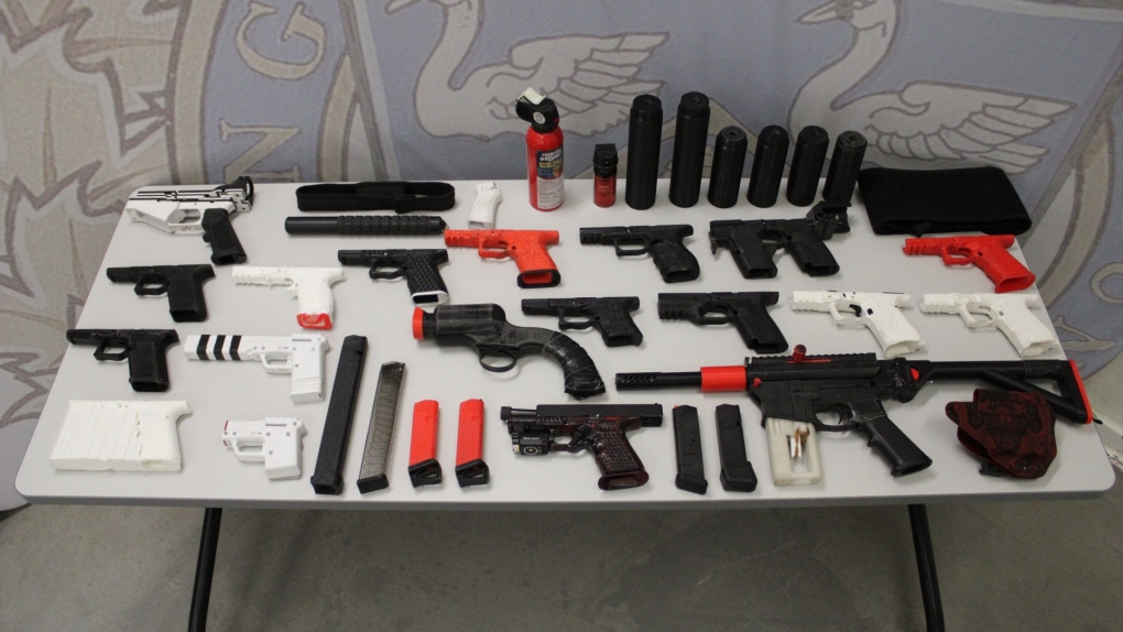 Weapons and parts sized by Stratford police during a search warrant. (SPS/Twitter)