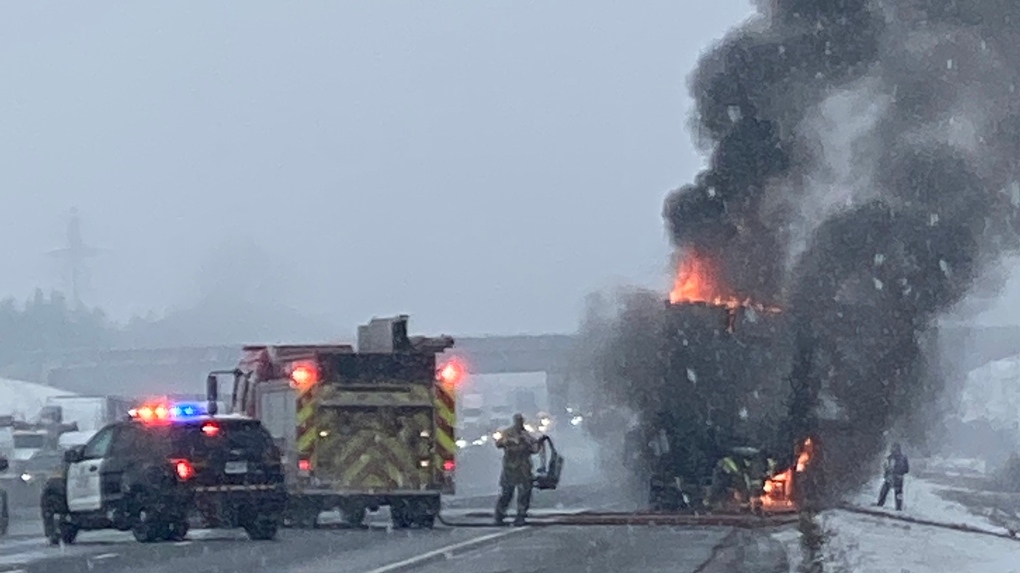 A transport truck fire on Hwy. 401. (Twitter: @OPP_HSD) (Feb. 2, 2022)
