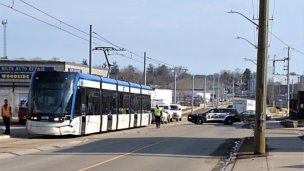 Police respond after a collision involving an LRT vehicle in the area of Borden Avenue South and Bedford Road on March 18. (Submitted/Chantal Bresse)