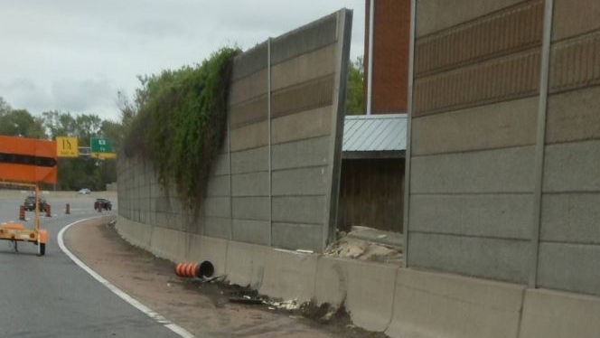 Damaged concrete barrier on Highway 7 after a crash. (Courtesy: OPP)