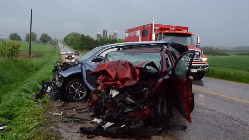 The aftermath of a two-vehicle collision in Mapleton Township is seen on May 27, 2022. (Twitter/OPP)