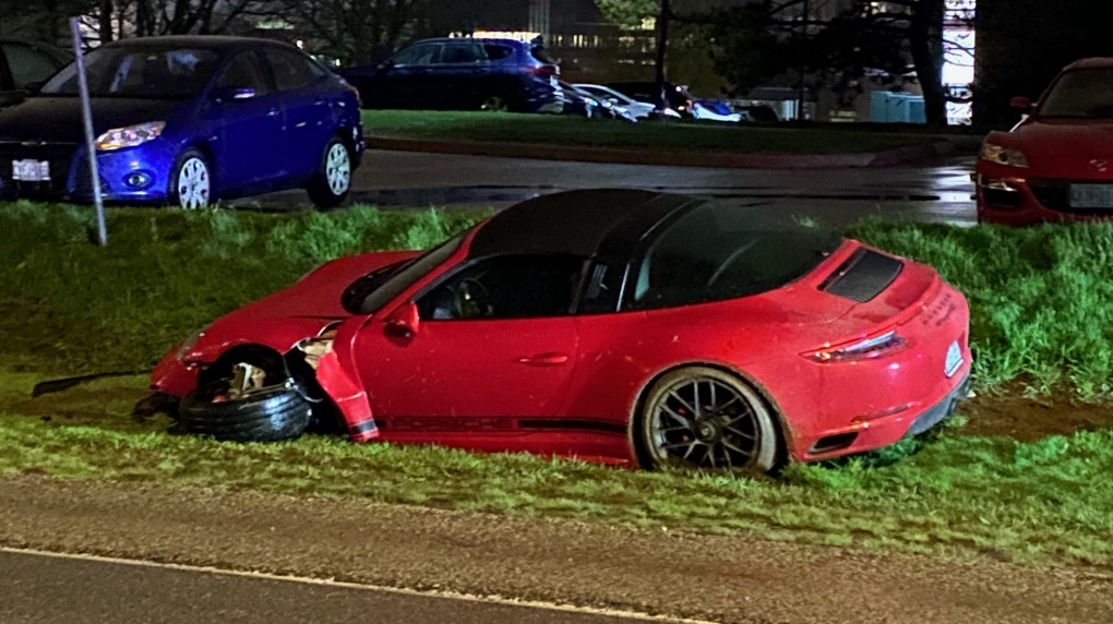 A vehicle that ended up in the Westmount Road ditch after a crash in Waterloo. (Terry Kelly/CTV Kitchener) (May 5, 2022)