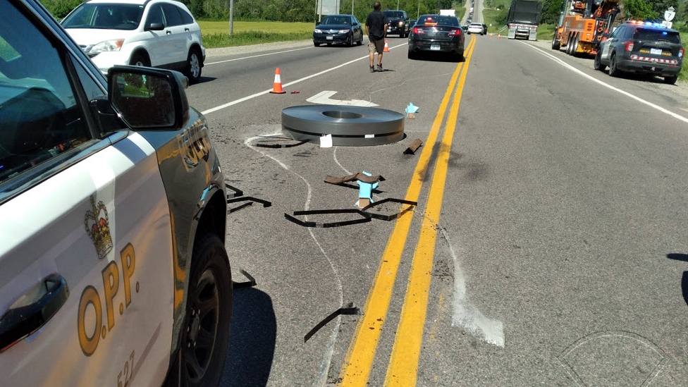 Steel coils from a commercial vehicle came loose on June 23. (Submitted/OPP)