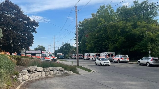 Ambulances lined up outside Guelph General Hospital on Aug. 20. (Twitter)