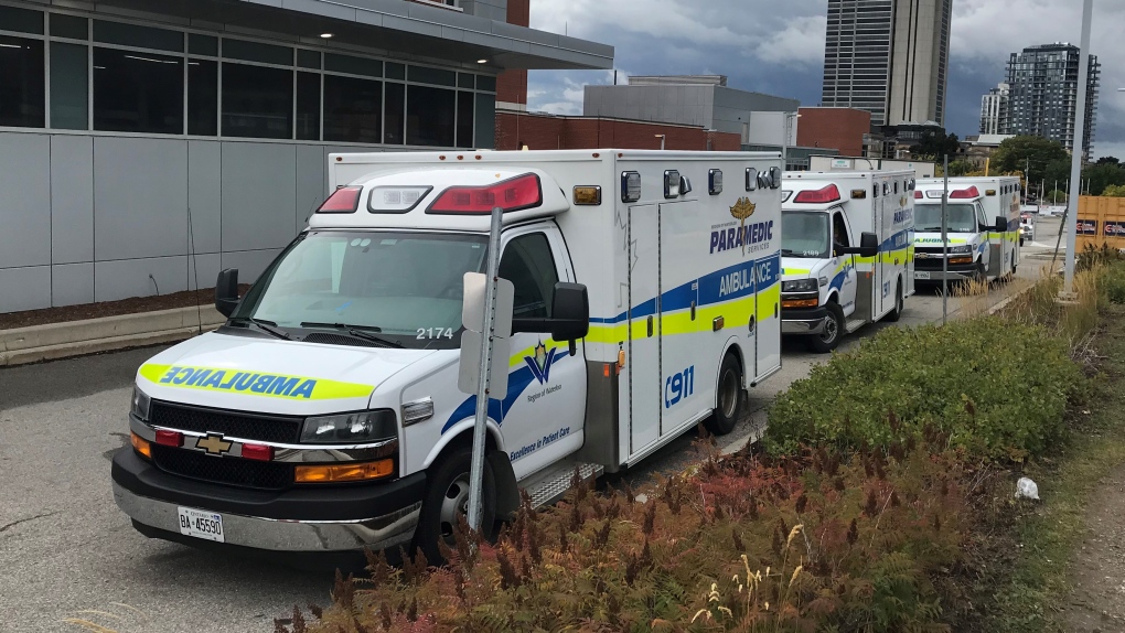 Ambulances wait to off load patients at Grand River Hospital on Sept. 26, 2022. (Dan Lauckner/CTV Kitchener)