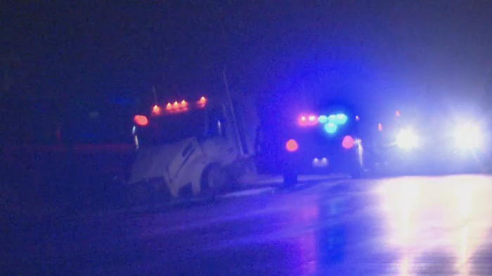 A tractor trailer on its side in Perth County following a fatal collision. (Dave Petitt/CTV Kitchener) (Jan. 24, 2023)