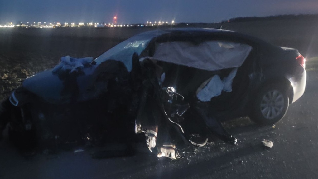 Damaged car at the scene of a crash on Salford Road, outside of Ingersoll, on Nov. 20, 2023. (Jim Knight/CTV London)