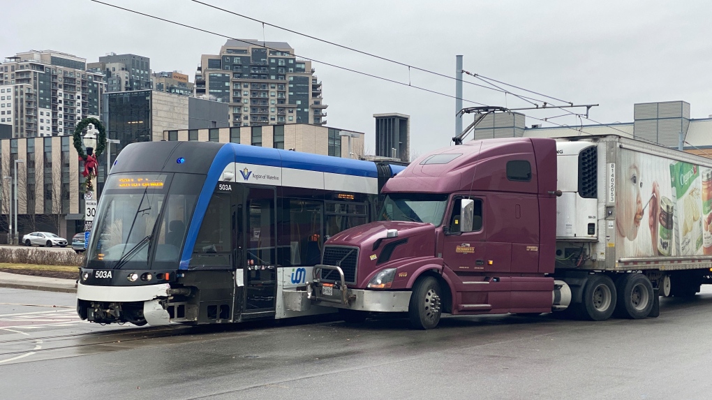 A truck struck an LRT train on Caroline St. S. in Waterloo on Dec. 9, 2023. (Brandon Guitar/CTV Kitchener)