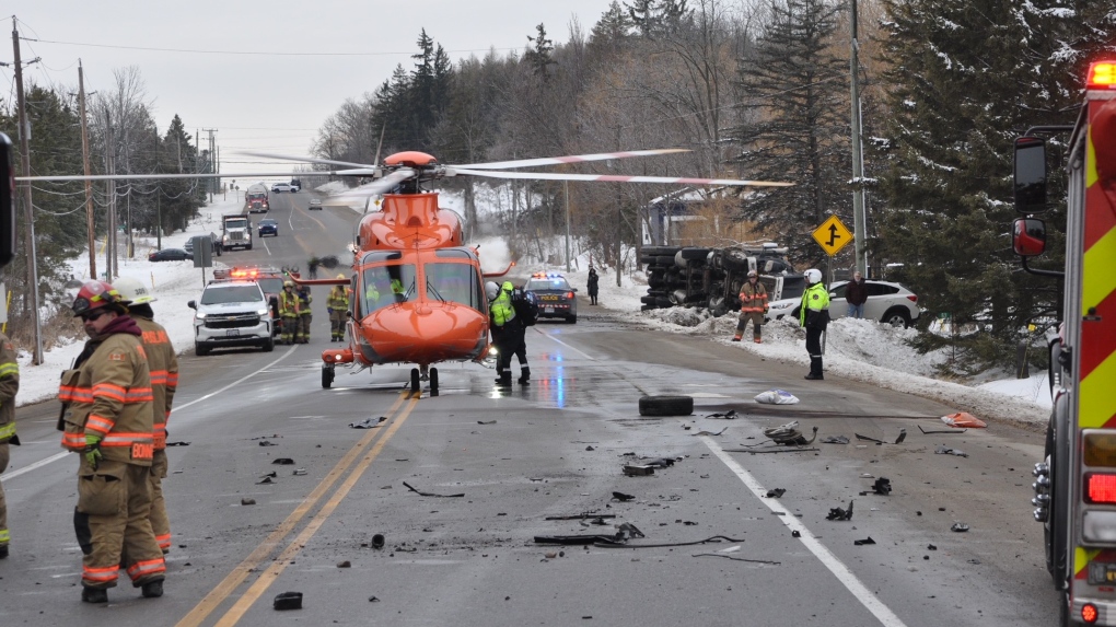 Emergency services respond to a crash on Brock road near Aberfoyle, Ont. on March 1, 2023. (Submitted/Al Krist)