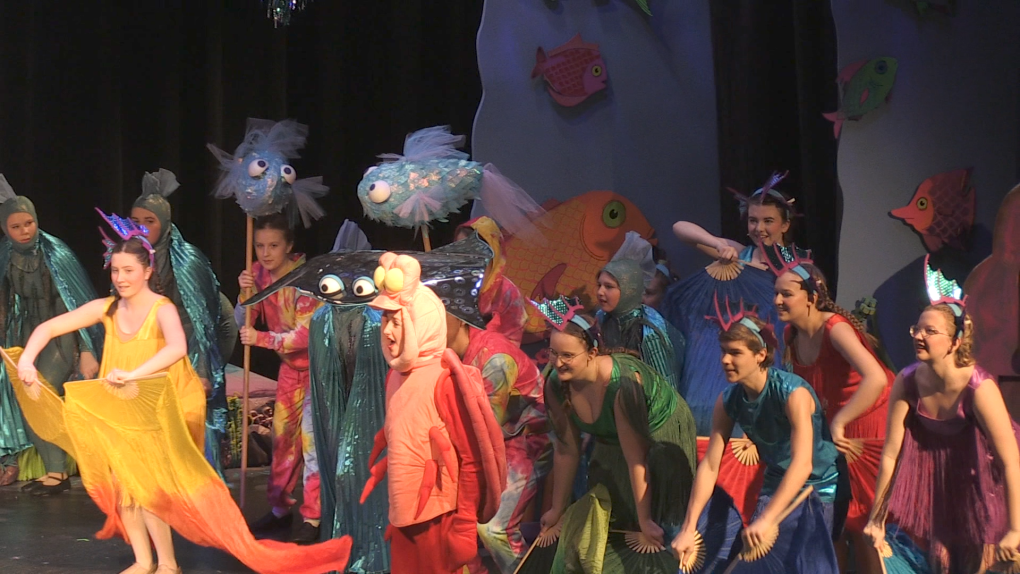 Cast members for Disney's The Little Mermaid Jr. put on a pre-performance for students ahead of opening night on Friday. (Carmen Wong/CTV News Kitchener)