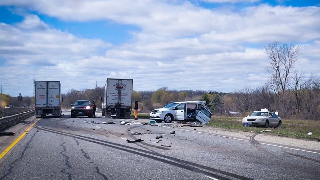 A two-vehicle crash in the westbound lanes of Highway 403 near Paris Road on April 19, 2023. (Courtesy: OPP West Region)