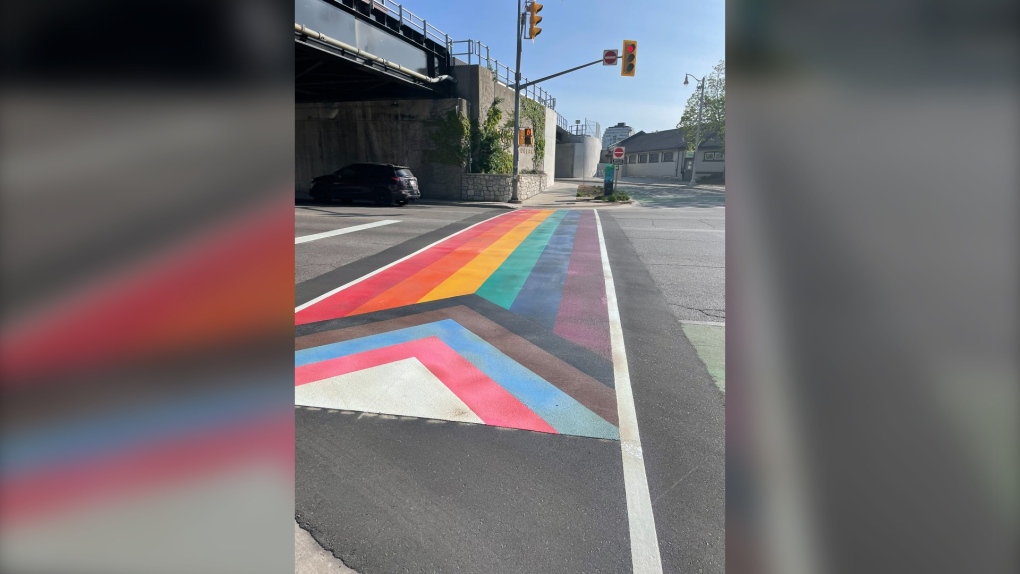 The City of Guelph's first rainbow crosswalk was unveiled Thursday morning. (Erin Caton/Twitter)