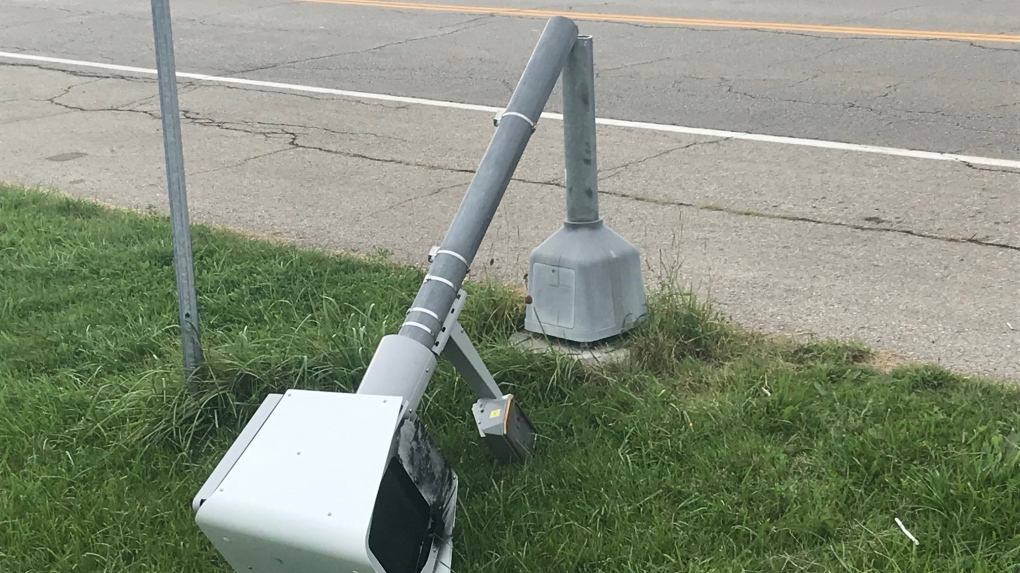 A speed camera knocked over in front of two Baden schools. (Chris Thomson/CTV Kitchener) (Sept. 8, 2023)