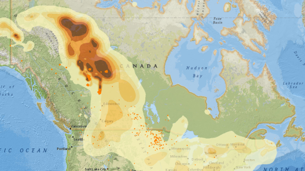 A map showing how far the smoke has spread