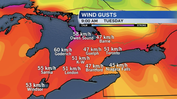 Wind map of southern Ontario