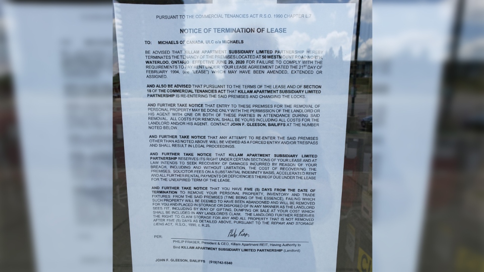 A notice of termination of lease in a window